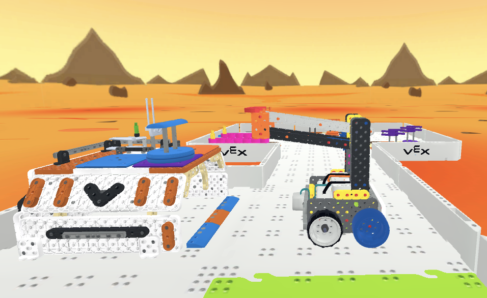 Screenshot of VEXcode VR interface showcasing the programming environment for the GO Competition – Mars Math Expedition, featuring a block-based coding layout designed for learning coding concepts with a virtual robot.