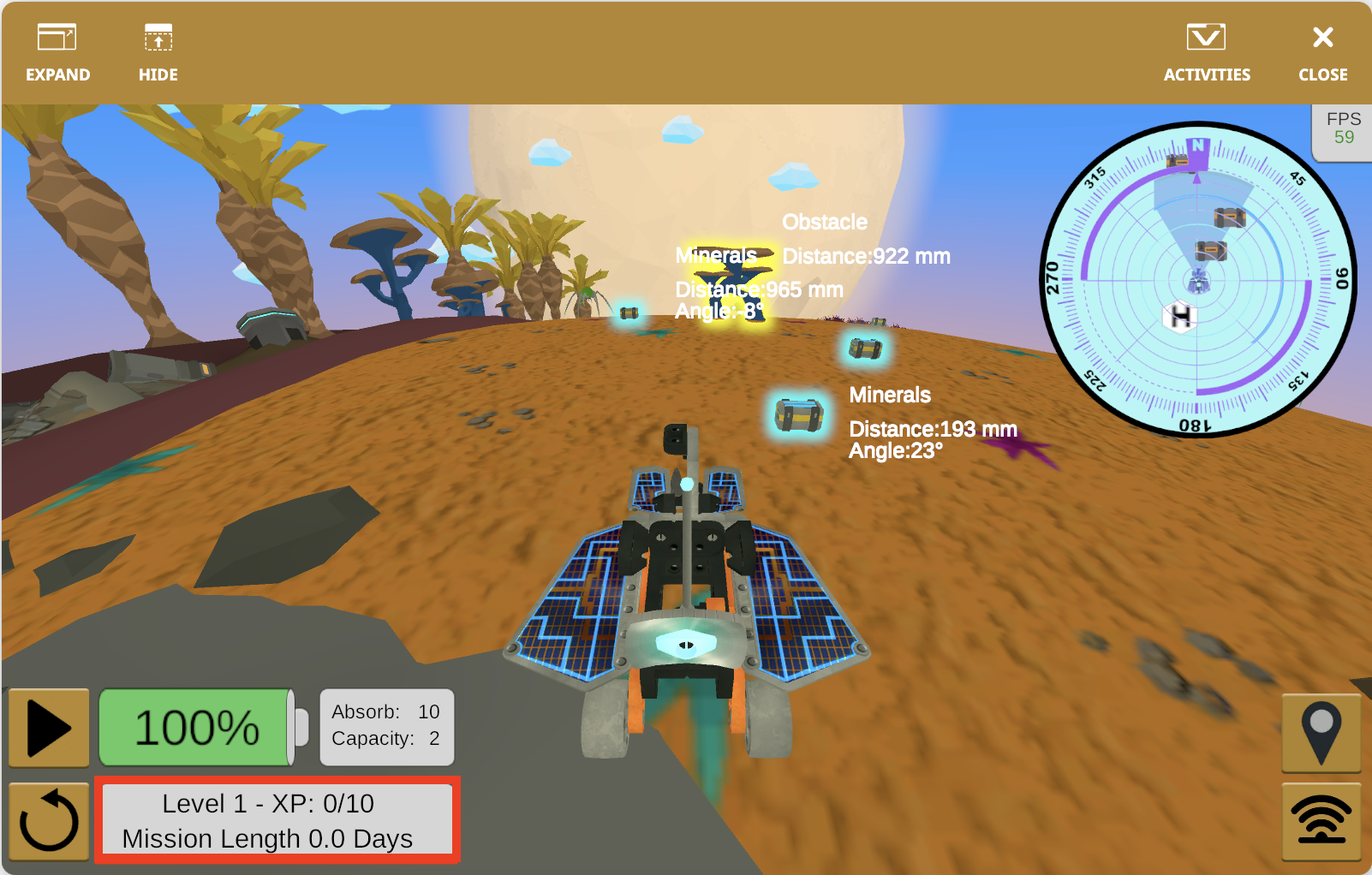 Использование окна Rover Rescue Playground в VEXcode VR – Библиотека VEX