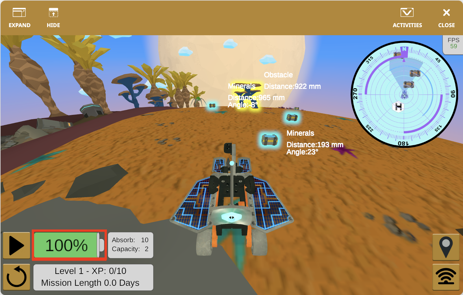 Использование окна Rover Rescue Playground в VEXcode VR – Библиотека VEX