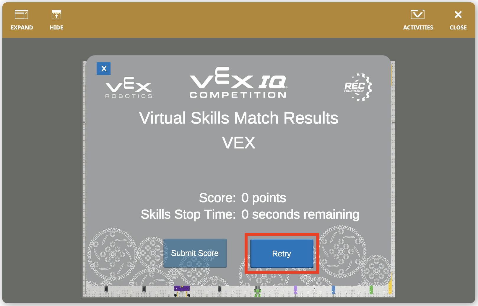 Screenshot of VEXcode VR interface showcasing the VIQC Slapshot (2022-2023) programming environment, featuring block-based coding options and a virtual robot for educational STEM activities.