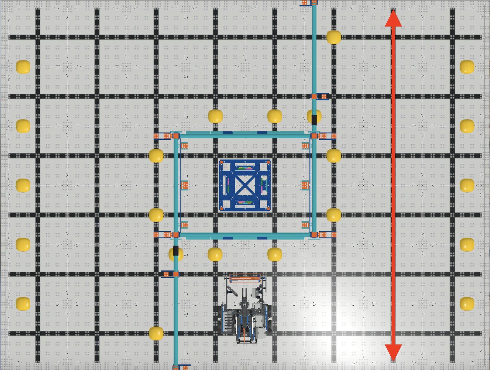 Screenshot of VEXcode VR interface showcasing the programming environment for the VIQC Pitching In challenge, featuring a block-based coding layout designed for students to learn coding concepts with a virtual robot.