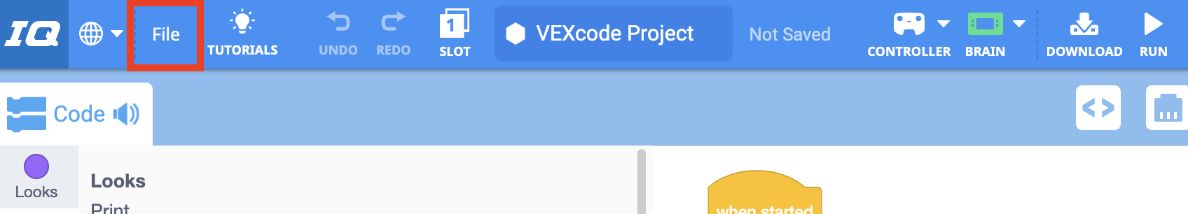 VEXcode IQ Toolbar with the File button highlighted in between the Language and Tutorials icons.