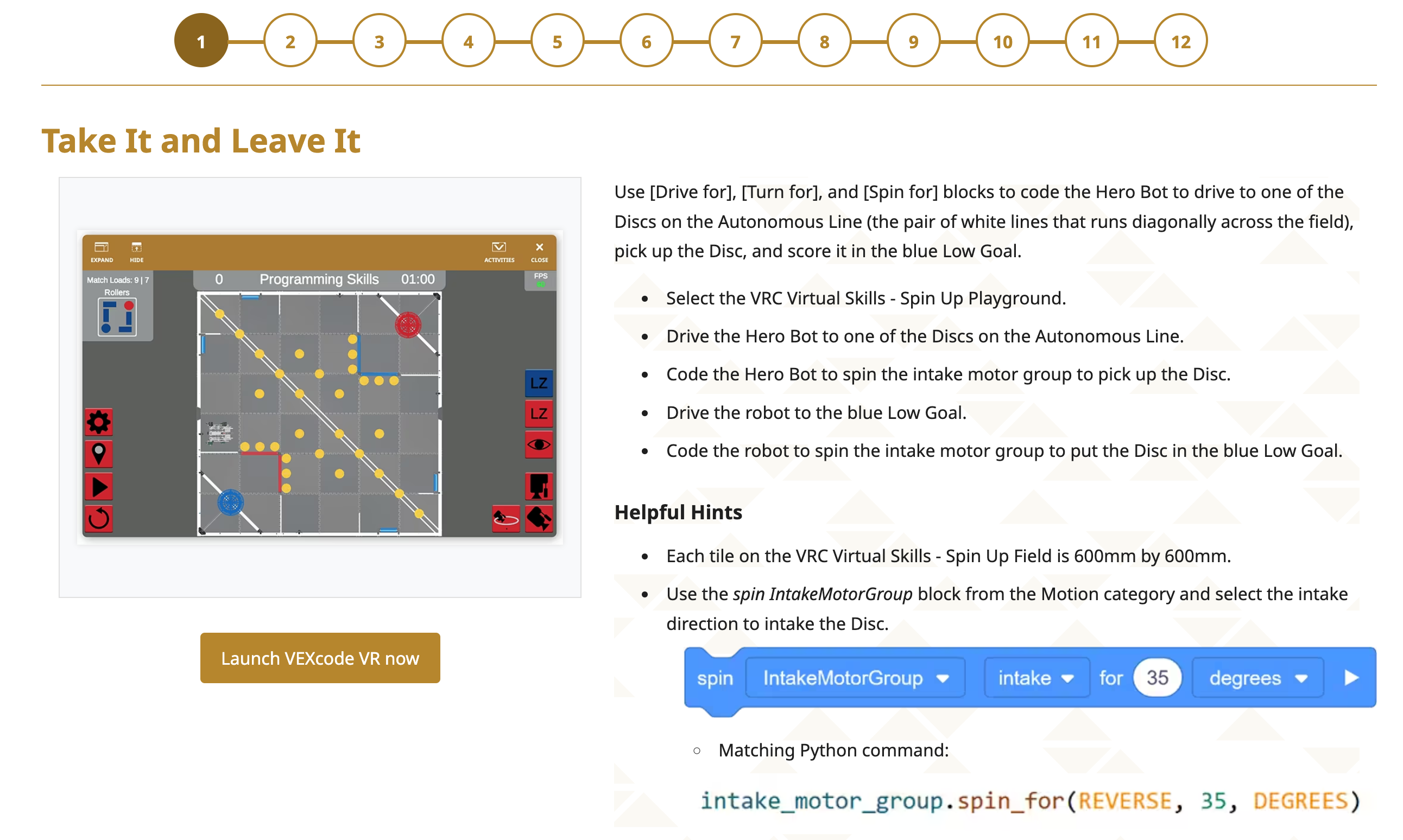 Screenshot of VEXcode VR interface showcasing block-based coding options, designed for teaching coding concepts through a virtual robot, emphasizing STEM education and problem-solving skills for students and educators.