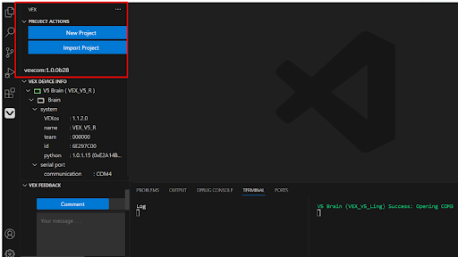 VEX VS Code Extension UI Overview – VEX Library