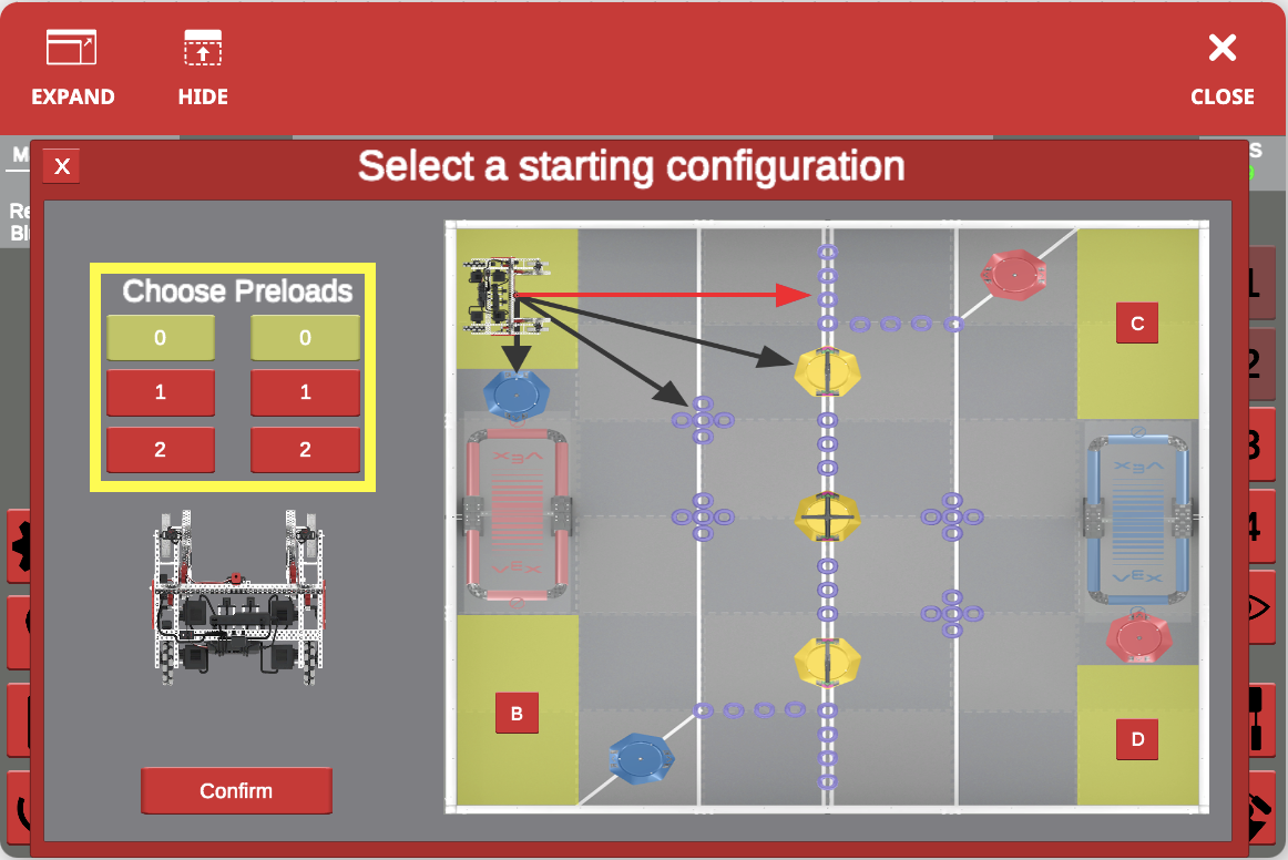 Screenshot of VEXcode VR interface showcasing the programming environment for the VRC Tipping Point challenge, featuring a block-based coding layout designed for learning coding concepts with a virtual robot.