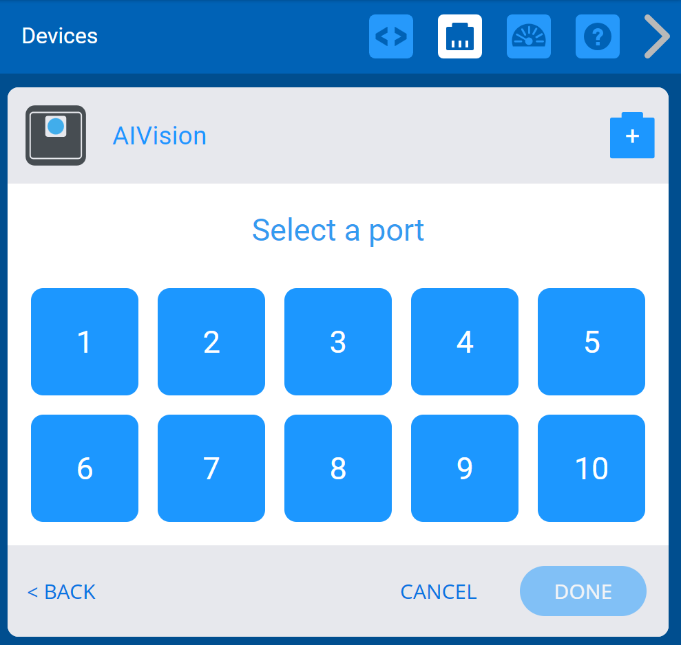 Capture d'écran du menu « Sélectionner un port » affichant les ports disponibles pour le capteur de vision IA.