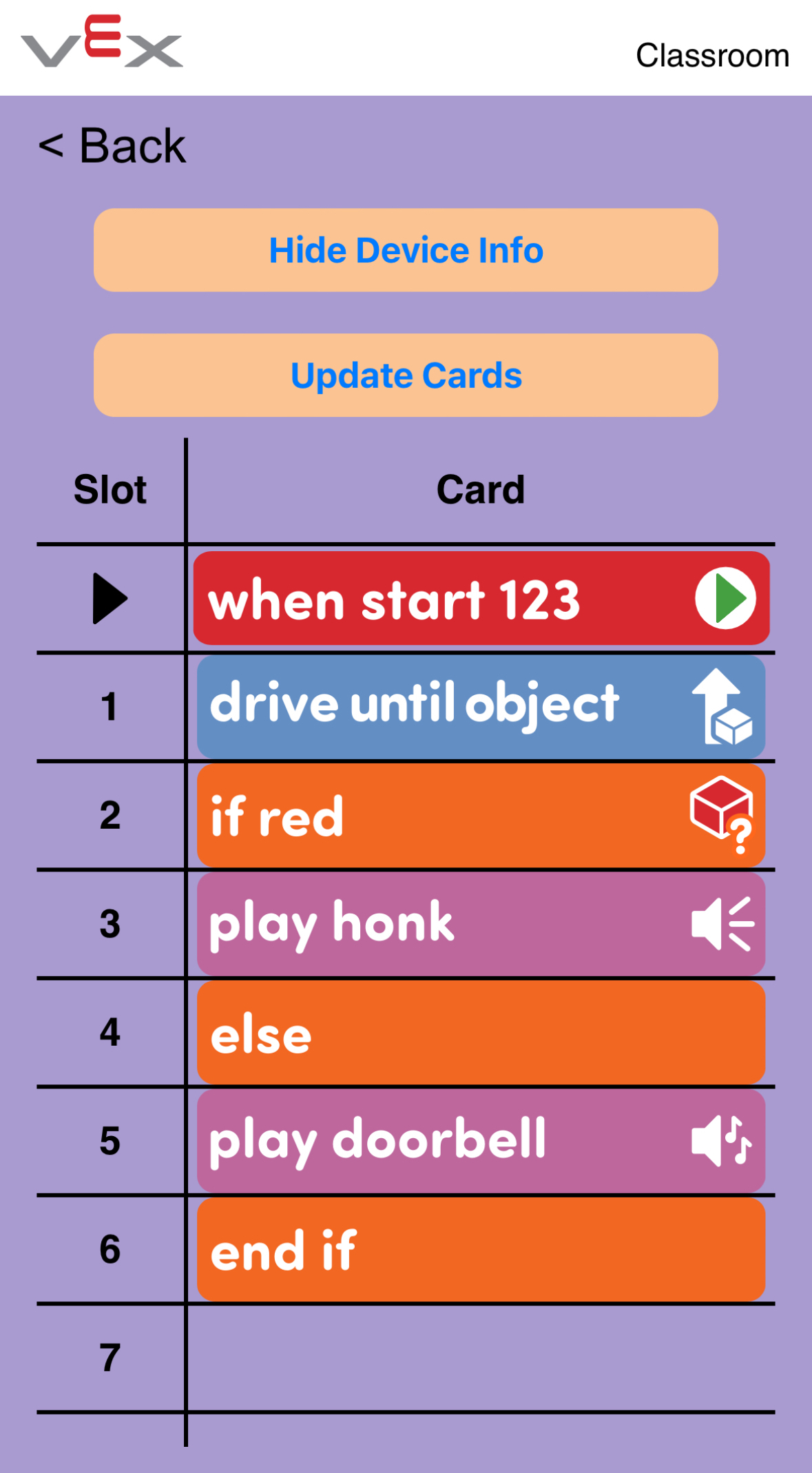 Screenshot of the VEX Classroom App with a Coder's menu opened and the 'Show Device Info' button selected to view the Coder card data.