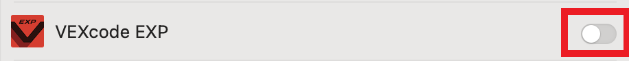 L'option VEXcode EXP apparaît dans la liste des paramètres de l'appareil photo pour les applications. L'option EXP du code VEX est désactivée et mise en surbrillance pour indiquer qu'elle doit être activée.