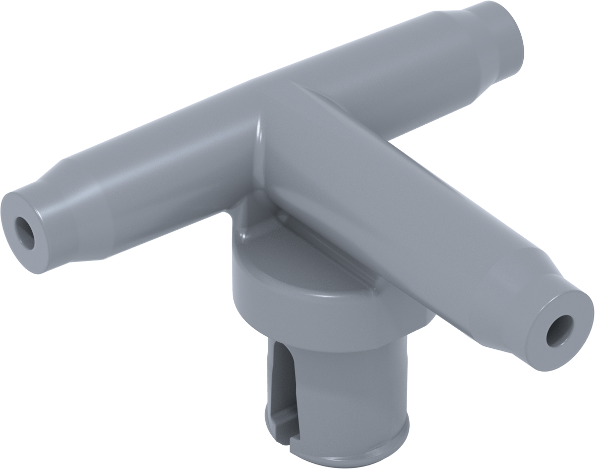 Diagram of a tee fitting used in pneumatic systems, illustrating connections and flow direction for CTE (Career and Technical Education) applications.