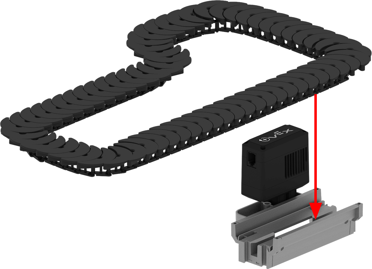 Diagram of a conveyor system used in Career and Technical Education, illustrating various components and their functions, including belts, rollers, and support structures.