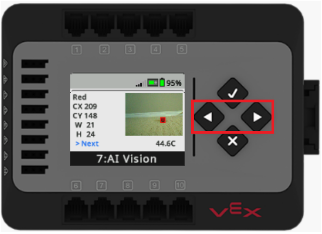 L'écran d'EXP Brain s'affiche dans le menu du capteur AI Vision. Le menu affiche tous les objets rouges identifiés et leurs emplacements sous forme de rectangles superposés au flux vidéo du capteur AI Vision. Les boutons fléchés gauche et droite sont mis en surbrillance.