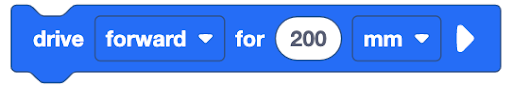 Block-based coding element showing 'drive forward for 200 mm' with dropdown menus for direction and unit.