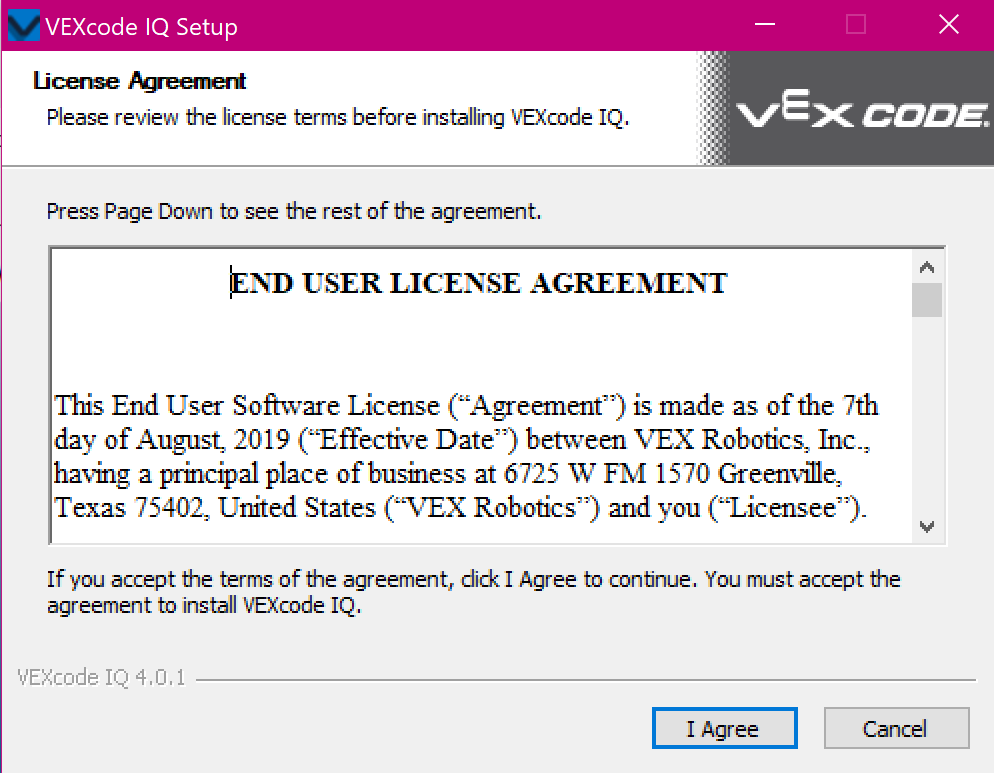 VEXcode IQ Setup window showing the End User License Agreement. The I Agree button below is highlighted.