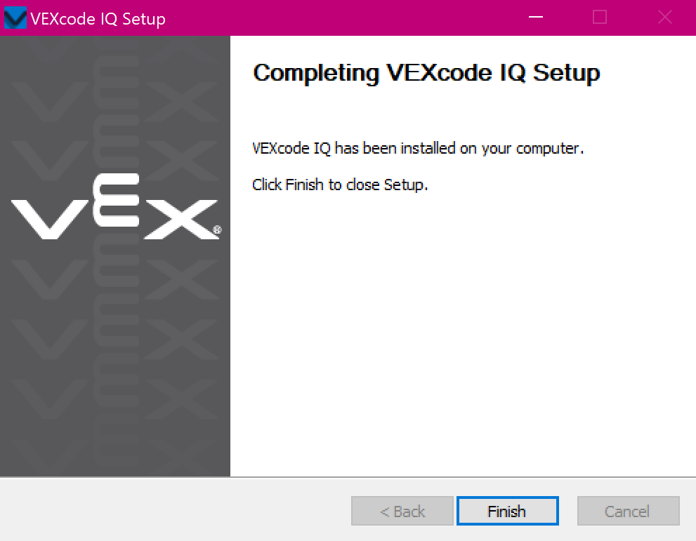 VEXcode IQ Setup window showing the Completing VEXcode IQ Setup screen. The Finish button below is highlighted.