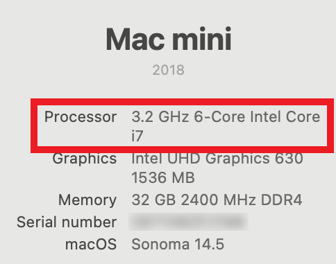 About This Mac menu is open and the processor information is highlighted. In this example, the Mac has an Intel processor.