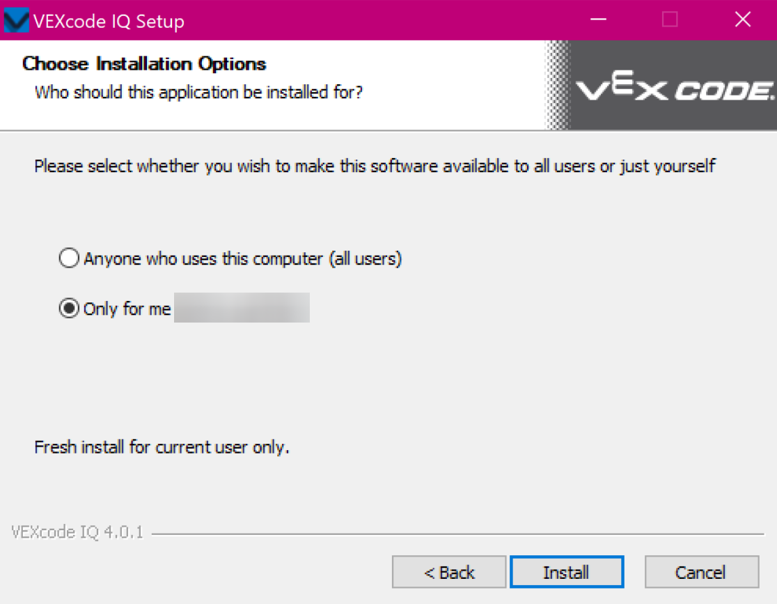 VEXcode IQ Setup window showing the Installation Options, with a choice between installing the application for only the current user or all users. The Install button below is highlighted.