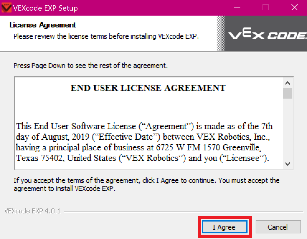 VEXcode EXP Setup window displaying the End User License Agreement (EULA) with a highlighted 'I Agree' button selected.