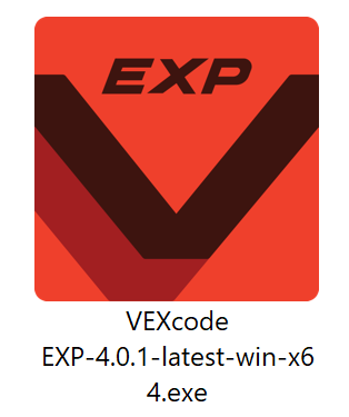 Icon of the VEXcode EXP installer file for Windows with the filename 'VEXcode EXP-4.0.1-latest-win-x64.exe' displayed underneath.