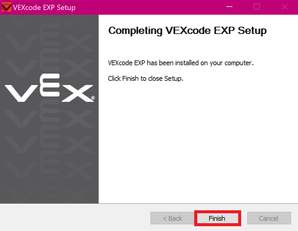 VEXcode EXP Setup window showing the 'Completing VEXcode EXP Setup' message with the 'Finish' button highlighted.