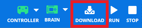 VEXcode EXP interface showing the 'Controller,' 'Brain,' 'Download,' 'Run,' and 'Stop' buttons, with the 'Download' button highlighted.