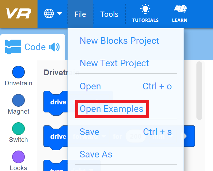 Screenshot of the VEXcode VR interface showing the Load and Save functionality, featuring options for saving projects and loading existing ones, designed to facilitate coding practice in a virtual robotics environment.