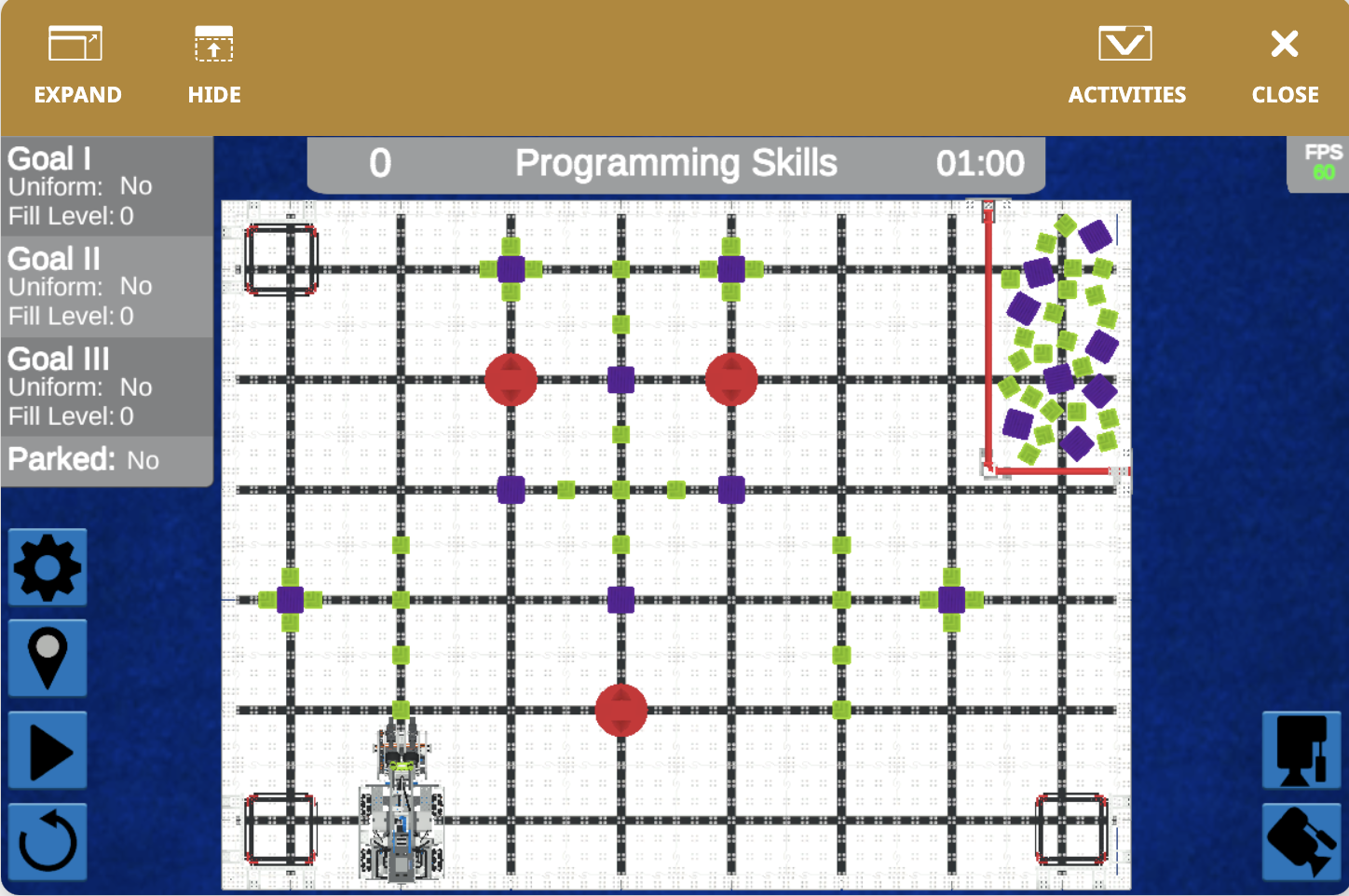 Screenshot of the VEXcode VR interface displaying the VIQC Full Volume (2023-2024) programming environment, showcasing block-based coding options for users to learn coding concepts through a virtual robot simulation.