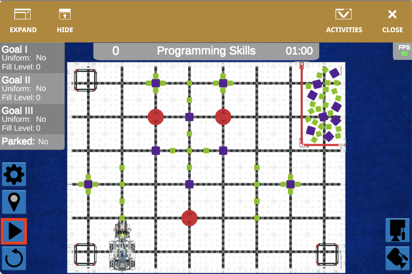 Screenshot of VEXcode VR interface showcasing the VIQC Full Volume (2023-2024) programming environment, featuring block-based coding tools and a virtual robot for educational purposes in STEM learning.