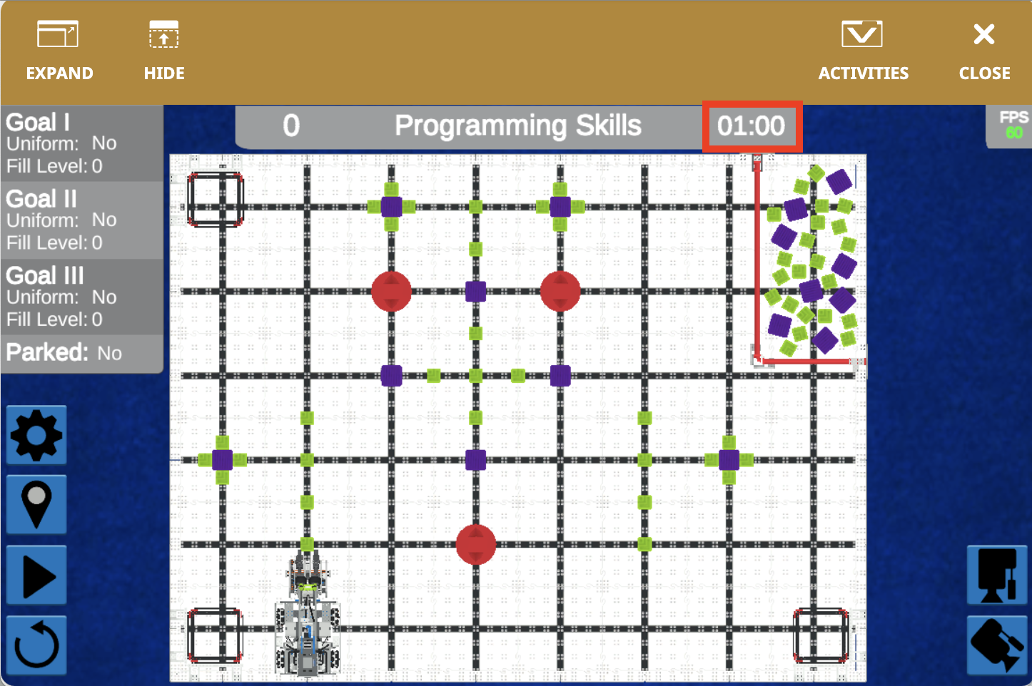 Diagram illustrating the VIQC Full Volume for the 2023-2024 season in VEXcode VR, showcasing the layout and dimensions for programming virtual robots in a competitive robotics environment.