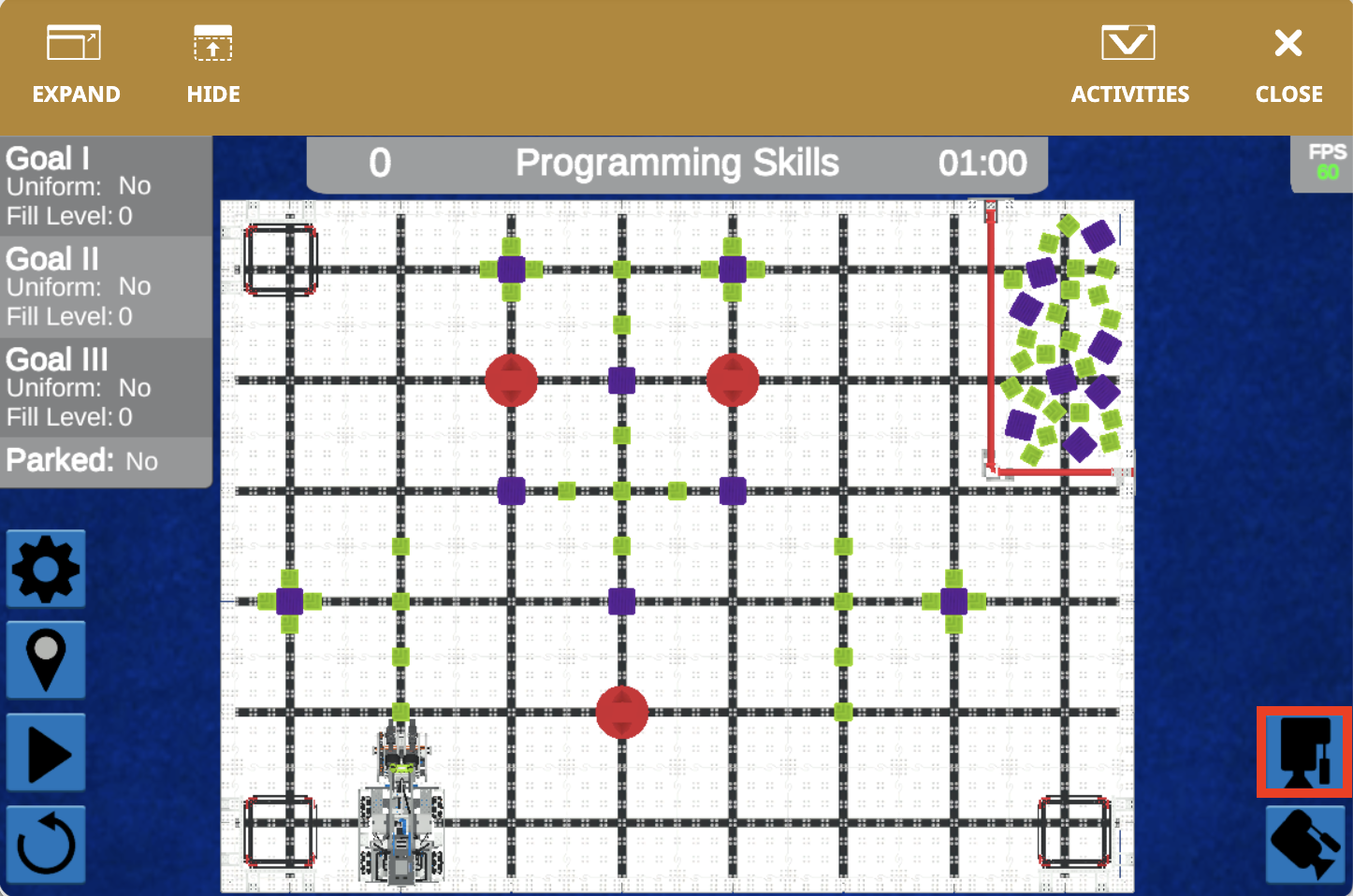 Diagram illustrating the VIQC Full Volume for the 2023-2024 season in VEXcode VR, showcasing the virtual robot's dimensions and programming capabilities for educational purposes in STEM learning.