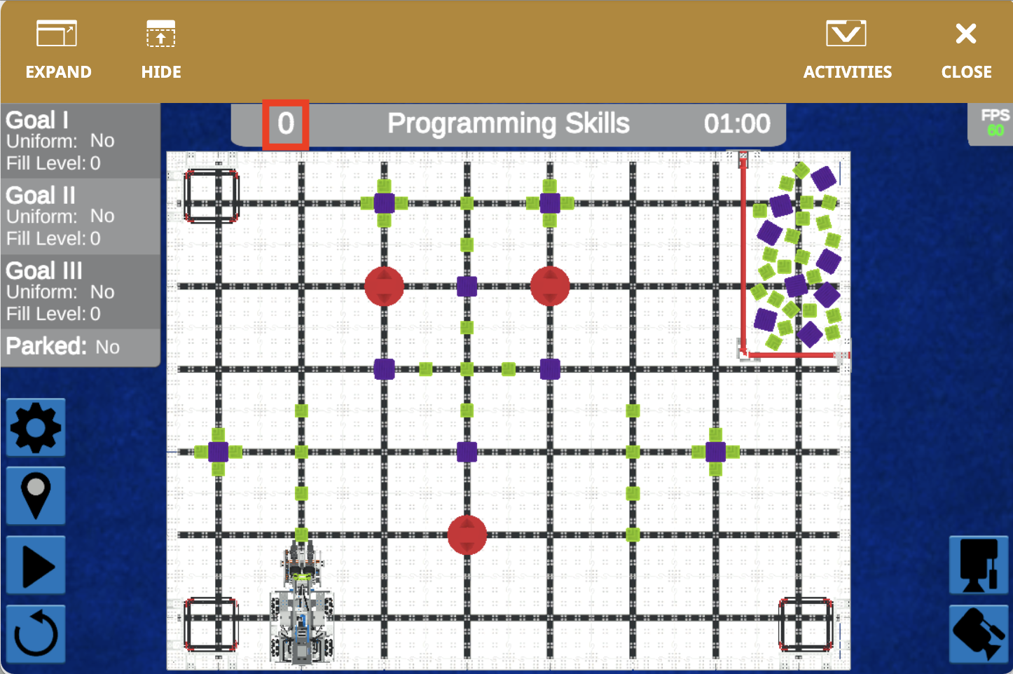Diagram illustrating the VIQC Full Volume for the 2023-2024 season in VEXcode VR, showcasing the virtual robot's programming environment and coding interface designed for educational purposes in STEM learning.