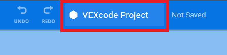 A close-up of the VEXcode VR interface shows the project name section at the top center of the screen. The project is labeled as VEXcode Project and is highlighted with a red outline. To the right of the project name, the status Not Saved is displayed, indicating the project has not been saved. To the left, undo and redo buttons are visible, allowing the user to reverse or reapply recent changes.