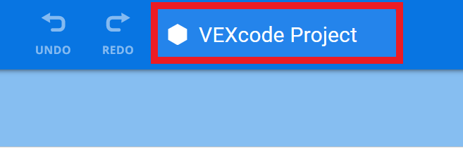 The image displays a blue interface featuring a button labeled VEXcode Project, which is outlined by a red box. A small hexagonal icon is placed next to the text. On the left side of the image, Undo and Redo icons are visible. The background consists of a gradient light blue, with no further text or status indication on the right side.