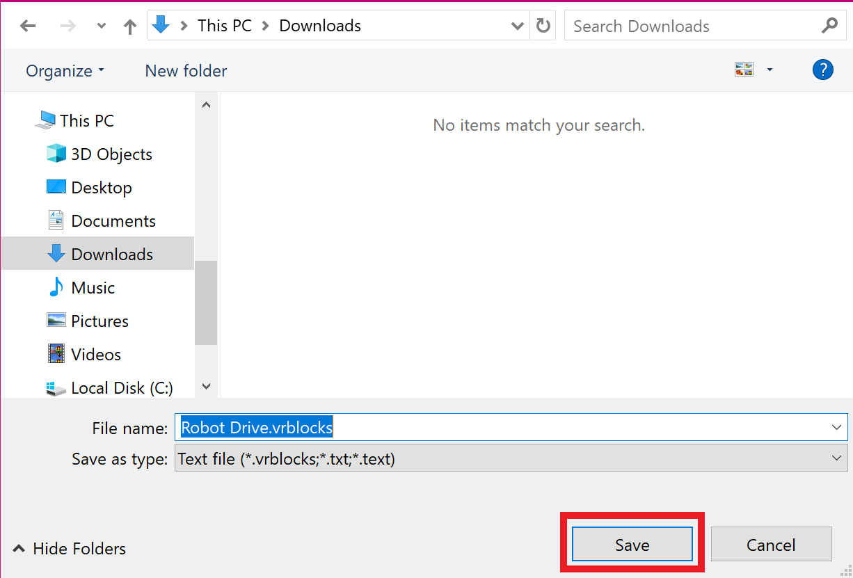 The image shows a file explorer window where the user is saving a file named Robot Drive.vrblocks in the Downloads folder. The file type is listed as Text file with several possible formats, including .vrblocks, .txt, and .text. The Save button, located in the bottom right corner, is highlighted with a red box, while the Cancel button is next to it. The left side shows common folders like This PC, 3D Objects, and Desktop. The search bar is located at the top right of the window.
