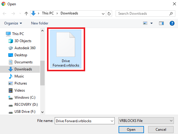 A Windows file explorer window open to the Downloads folder. A file named Drive Forward.vrblocks is highlighted and selected. The file type displayed at the bottom is VRBLOCKS File. The left-side navigation pane lists locations such as This PC, 3D Objects, and other common folders, with the Downloads folder selected. There are buttons at the bottom of the window to either open the file by clicking Open or to cancel the selection by clicking Cancel.