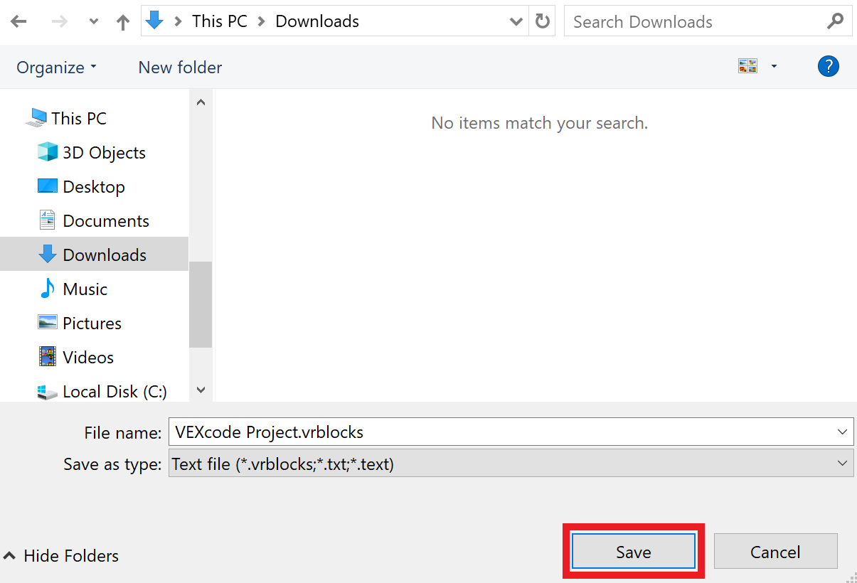 The image shows a drop-down menu from the File tab of an interface. Options include New Blocks Project, New Text Project, Open, Open Examples, Save, and Save As. The Save option is highlighted in a red box, and its shortcut is shown as Ctrl + S. Above the menu, there are two tabs labeled Tools and File, with Tutorials and Learn buttons nearby. On the left, blocks related to Drivetrain, Magnet, Switch, and other options are visible in a column.