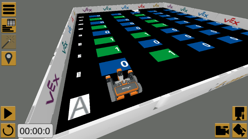 The Encoded Message playground showing the VEXcode VR robot starting at its default location. The Playground's floor is covered completely in black.