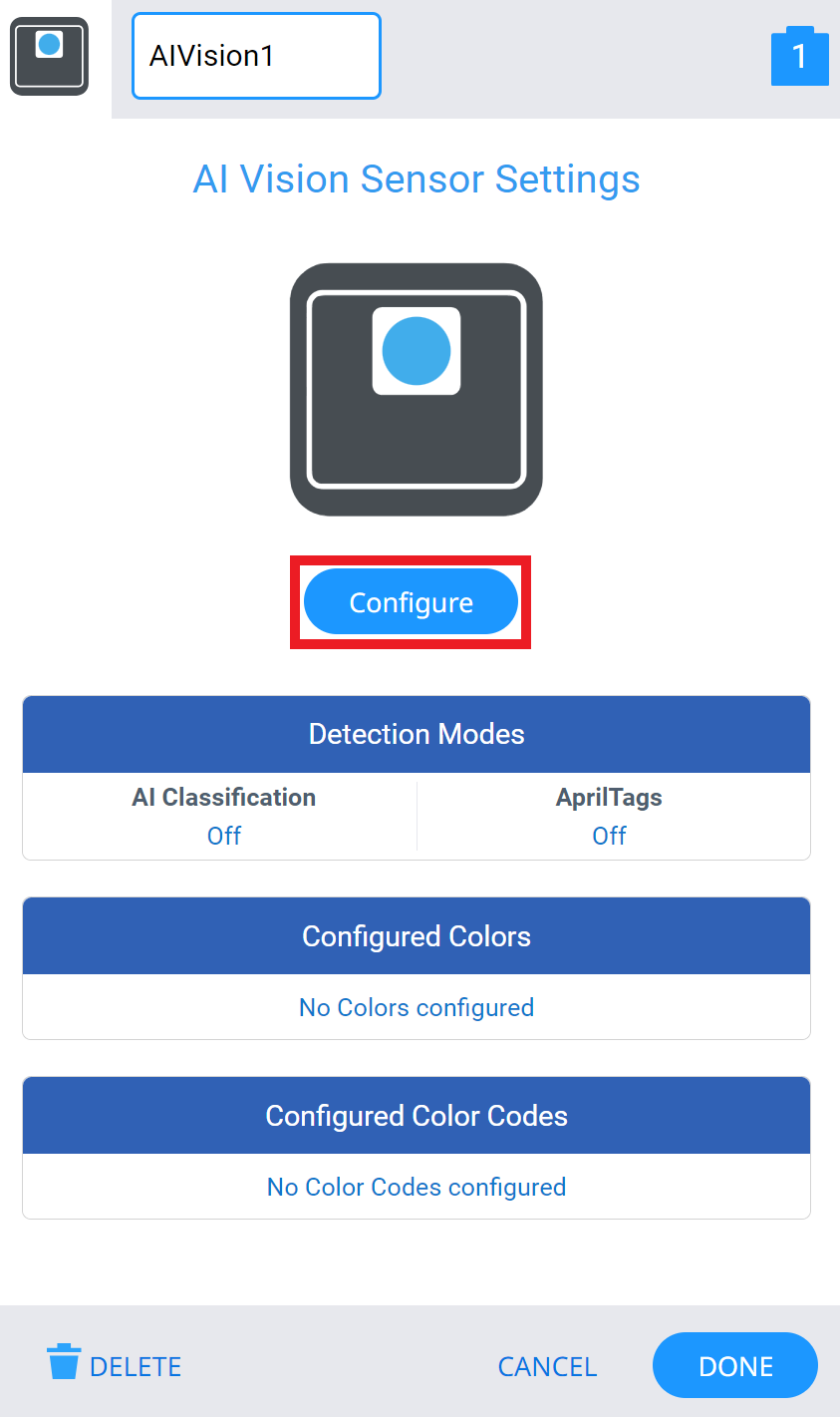 Menu Paramètres du capteur AI Vision dans VEXcode EXP avec le capteur étiqueté AIVision1. Une grande icône de capteur de vision IA s'affiche, et en dessous, un bouton bleu intitulé Configurer est mis en évidence.