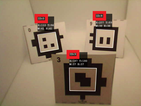 Three square identification markers labeled with IDs 0, 9, and 3, each with corresponding coordinates and size measurements displayed in white text. ID 0 is on the left, ID 9 is on the right, and ID 3 is at the bottom center. Each marker has a unique black-and-white pattern inside a square.