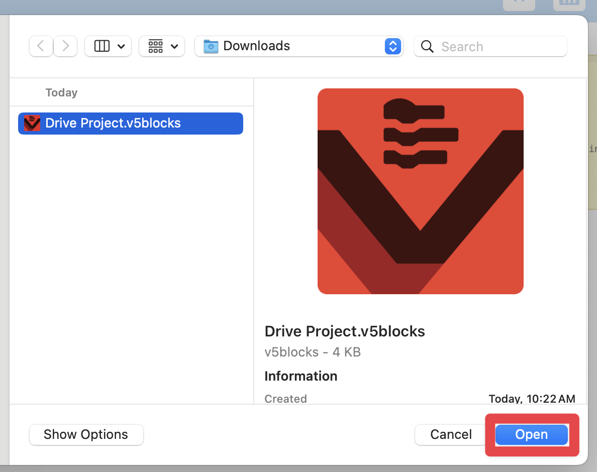 The Finder window on a macOS device with a VEXcode V5 blocks project selected. The Open button at the bottom has a red box around it.