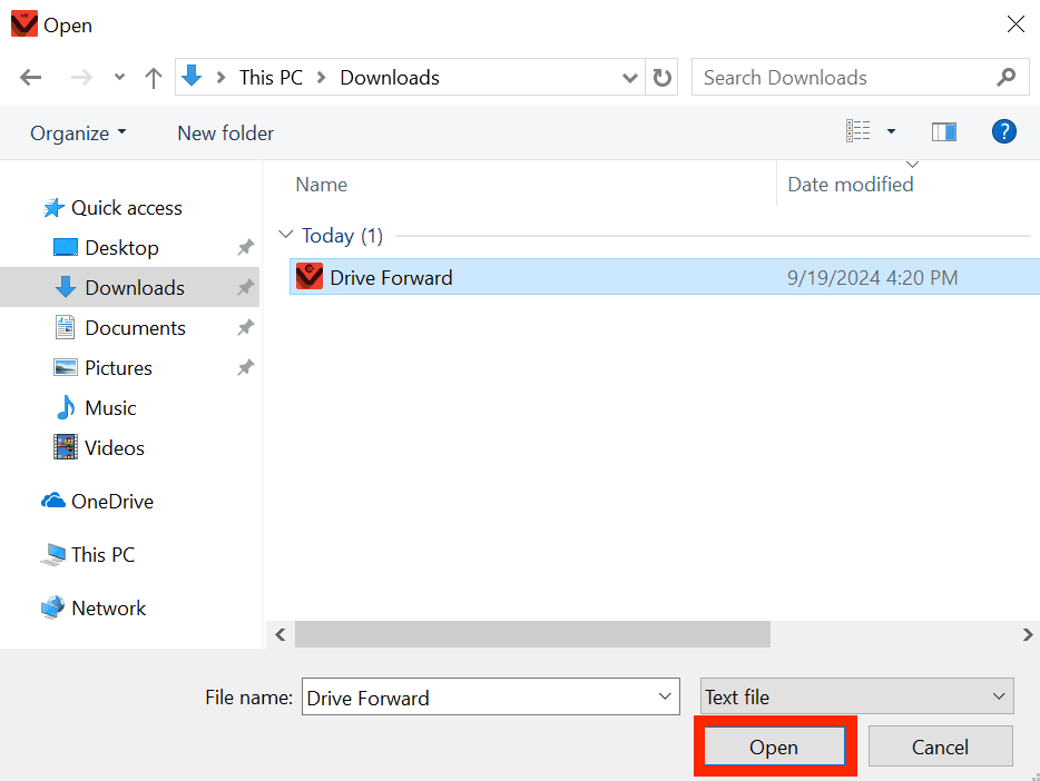 Windows device File Menu with the Open button in the lower right corner highlighted, indicated what to select to open the project.