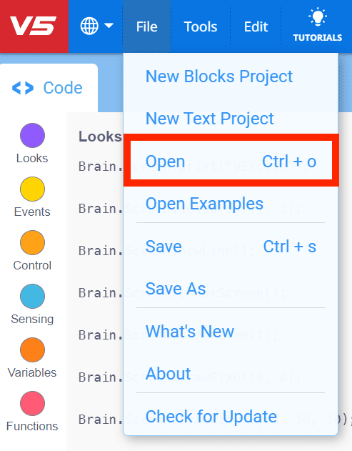 VEXcode V5 File menu open with Open highlighted. Open is the third item in the menu beneath New Blocks Project and New Text Project.