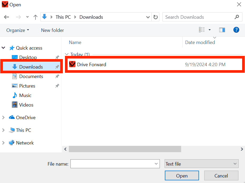 Windows device File Menu, with the Downloads option in the left side Menu highlighted. Drive Forward project is highlighted in the main window to the right, indicating which project is selected.