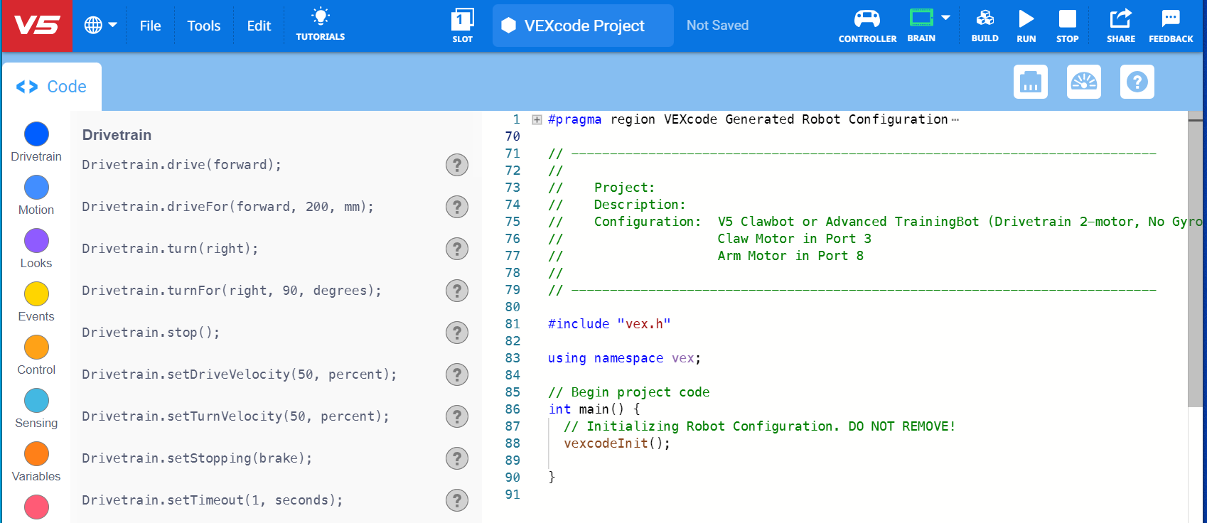 VEXcode V5 interface with the Clawbot Drivetrain 2 motor No Gyro template open in the workspace.