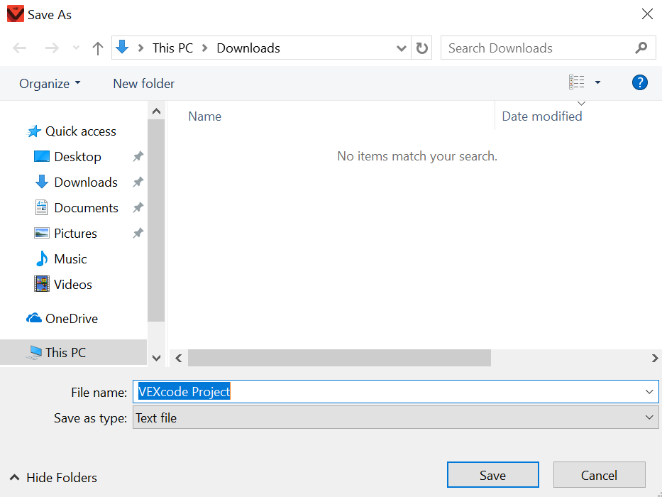 Windows device Save As Dialog window open, showing the project name at the bottom and locations in a menu to the left.