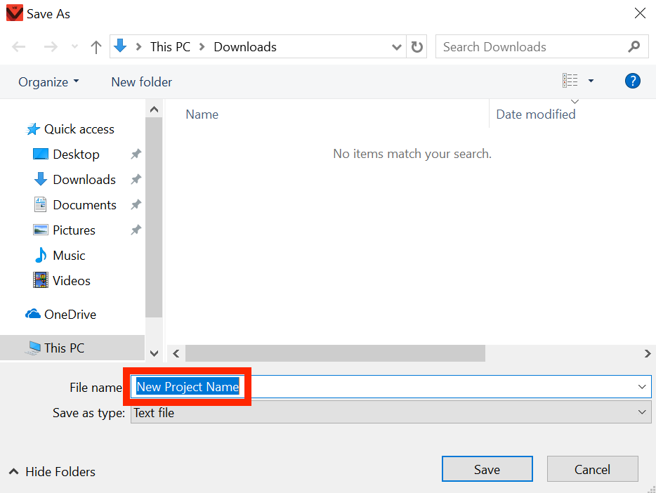 Windows device Save As menu with New Project Name written in the project name dialog on the bottom, highlighted in red.