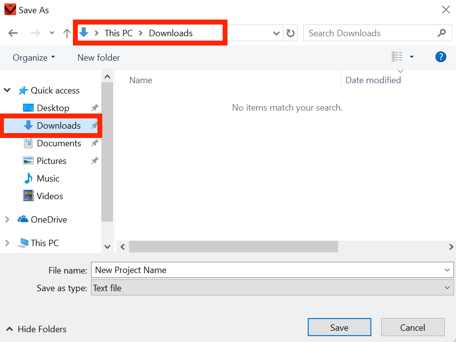 Windows device Save As dialog window with the location Downloads selected from the location list on the left and showing in the location bar across the top. Both are highlighted in red to show that Downloads is selected.
