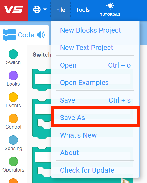 VEXcode V5 Toolbar with the File menu open and the Save As option highlighted in red. Save As is the sixth option in the menu.