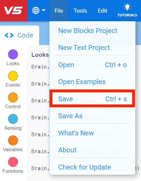 VEXcode V5 Toolbar with the File menu open and Save highlighted in red. Save is the third item in the menu beneath New Blocks Project and New Text Project.