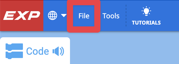 Top left of the toolbar in VEXcode EXP with the following options being shown: Globe icon, File, Tools, Tutorials, Undo, Redo, Slot. The File option has a red box around it.