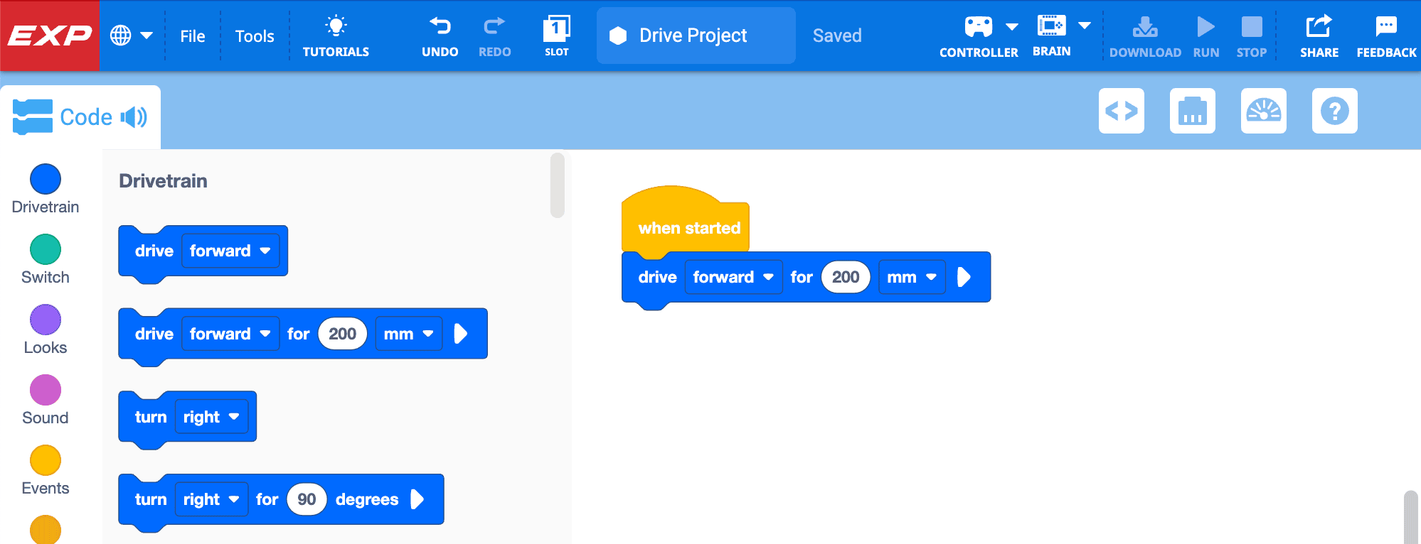 A VEXcode EXP project with the title Drive Project shown at the top. A When started block is in the workspace with a Drive for block attached.